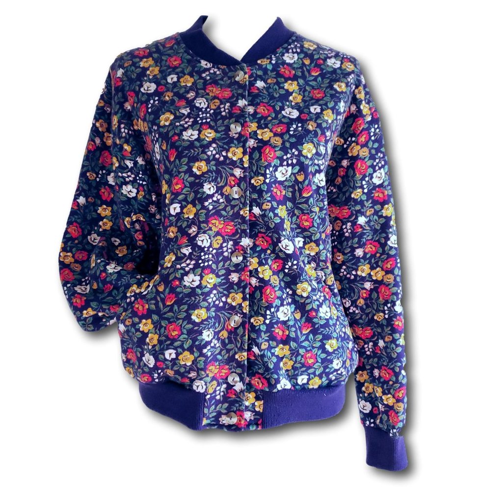 90s Vintage Blue Floral Bomber Jacket Medium